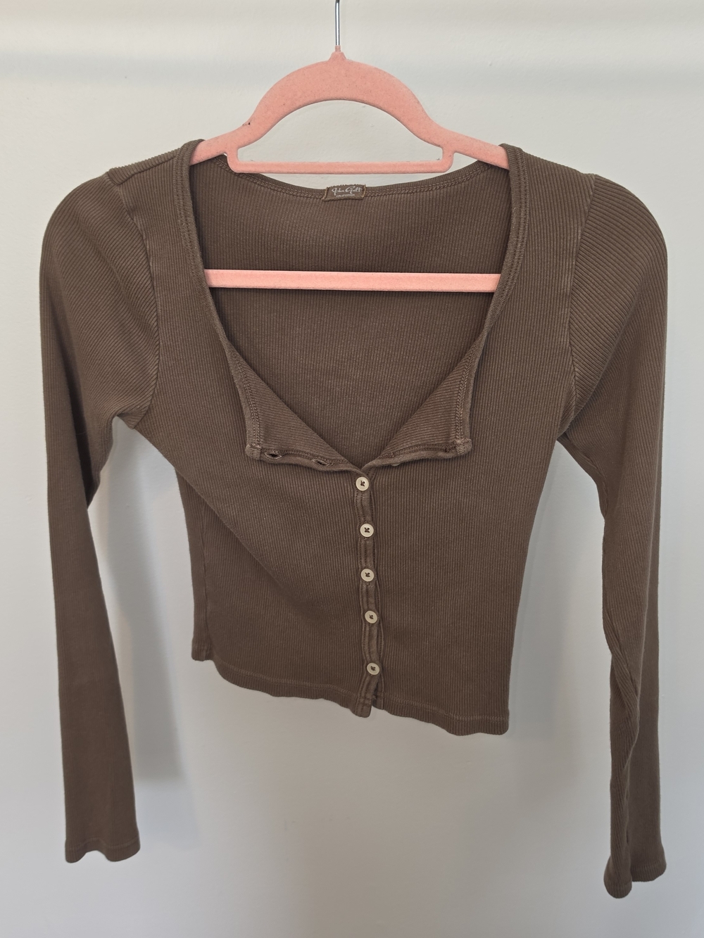 Brandy Melville Brown Ribbed Button-Front Long Sleeve Top